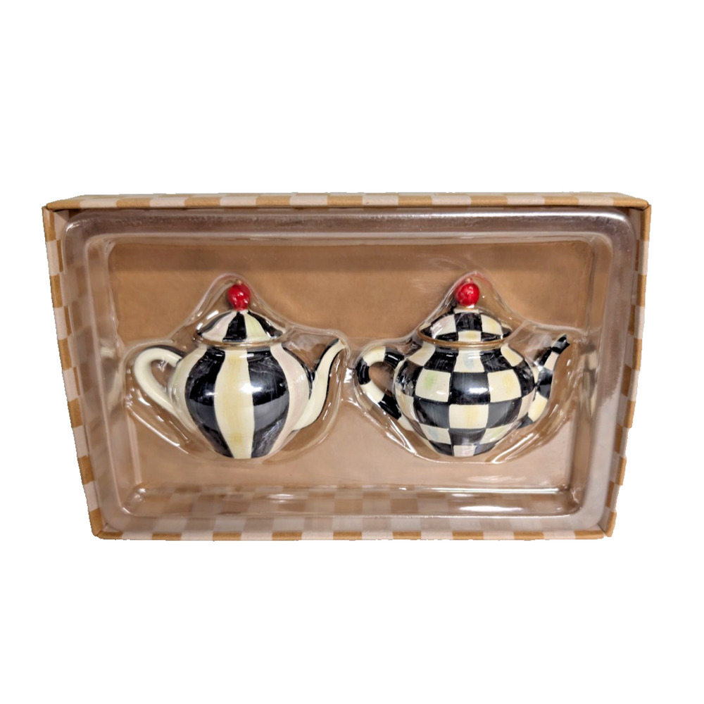 MacKenzie Childs Teapot Magnets Set of 2 Courtly Check Stripe in Gift Box